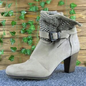 VIA VAI Women 39 Beige Leather Cutout Heeled‎ Ankle Boots Buckle Strap Stylish
